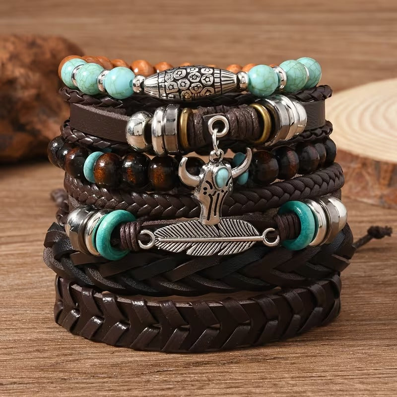 Bullhead Multi-Layer Beaded Hand-Woven Leather Bracelet for Men- Set of 6