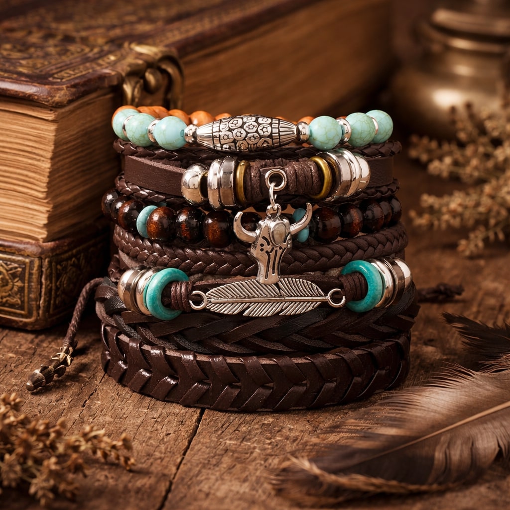 Bullhead Multi-Layer Beaded Hand-Woven Leather Bracelet for Men- Set of 6