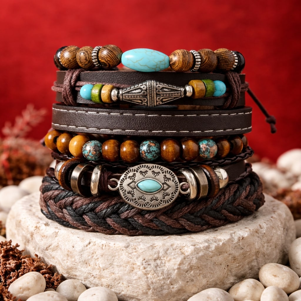 Turquoise Antique Multi-Layer Stacked Bracelet for Men-Set of 6