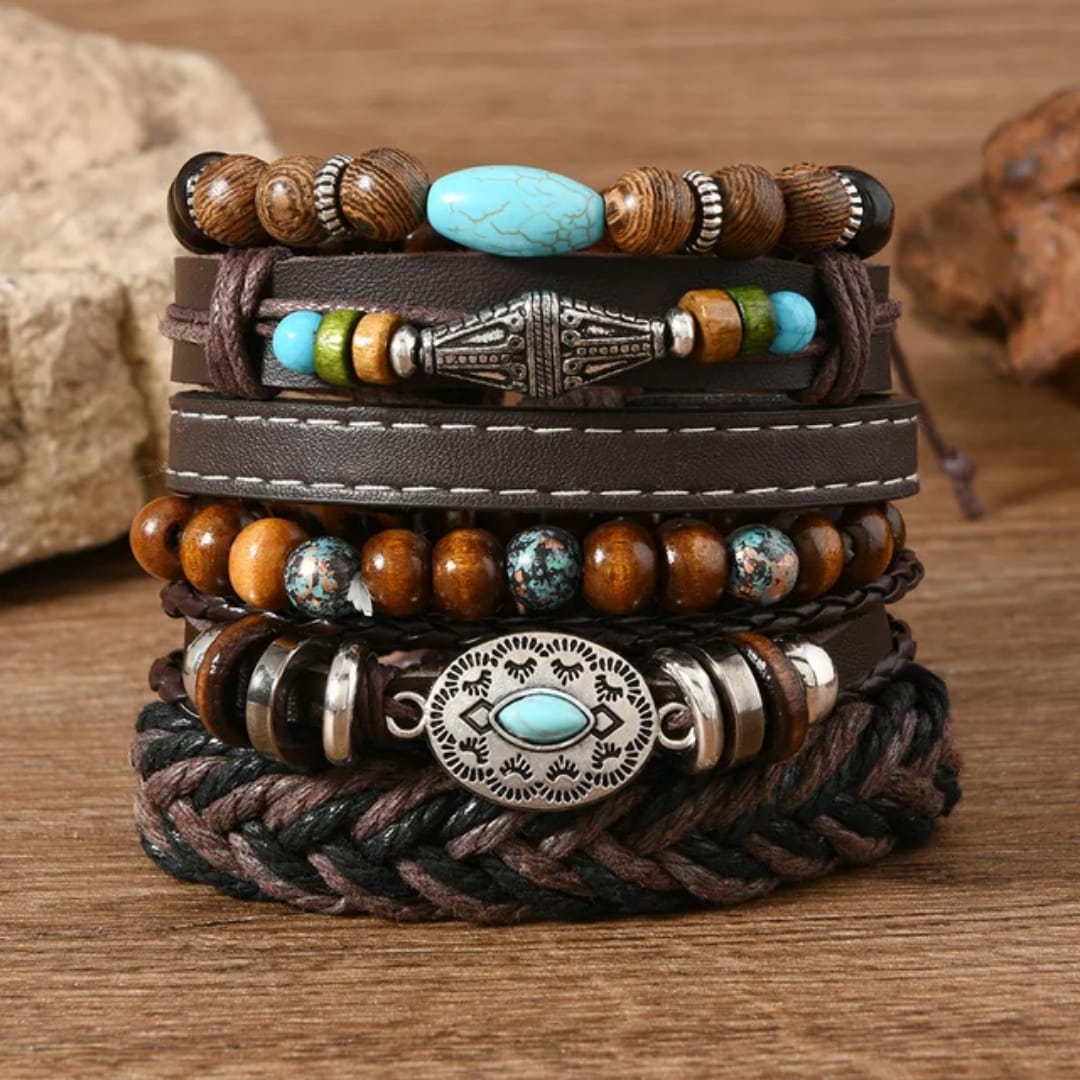 Turquoise Antique Multi-Layer Stacked Bracelet for Men-Set of 6