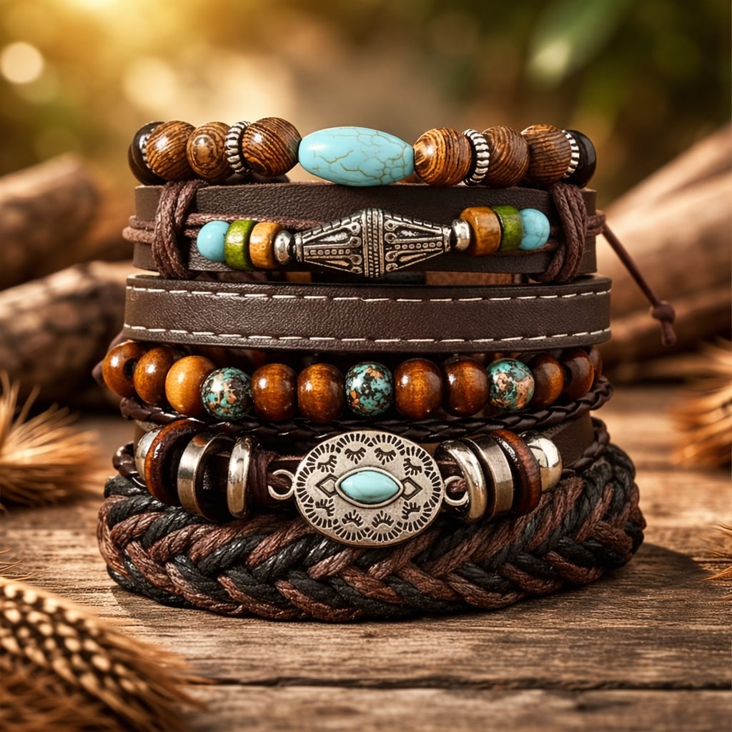 Turquoise Antique Multi-Layer Stacked Bracelet for Men-Set of 6