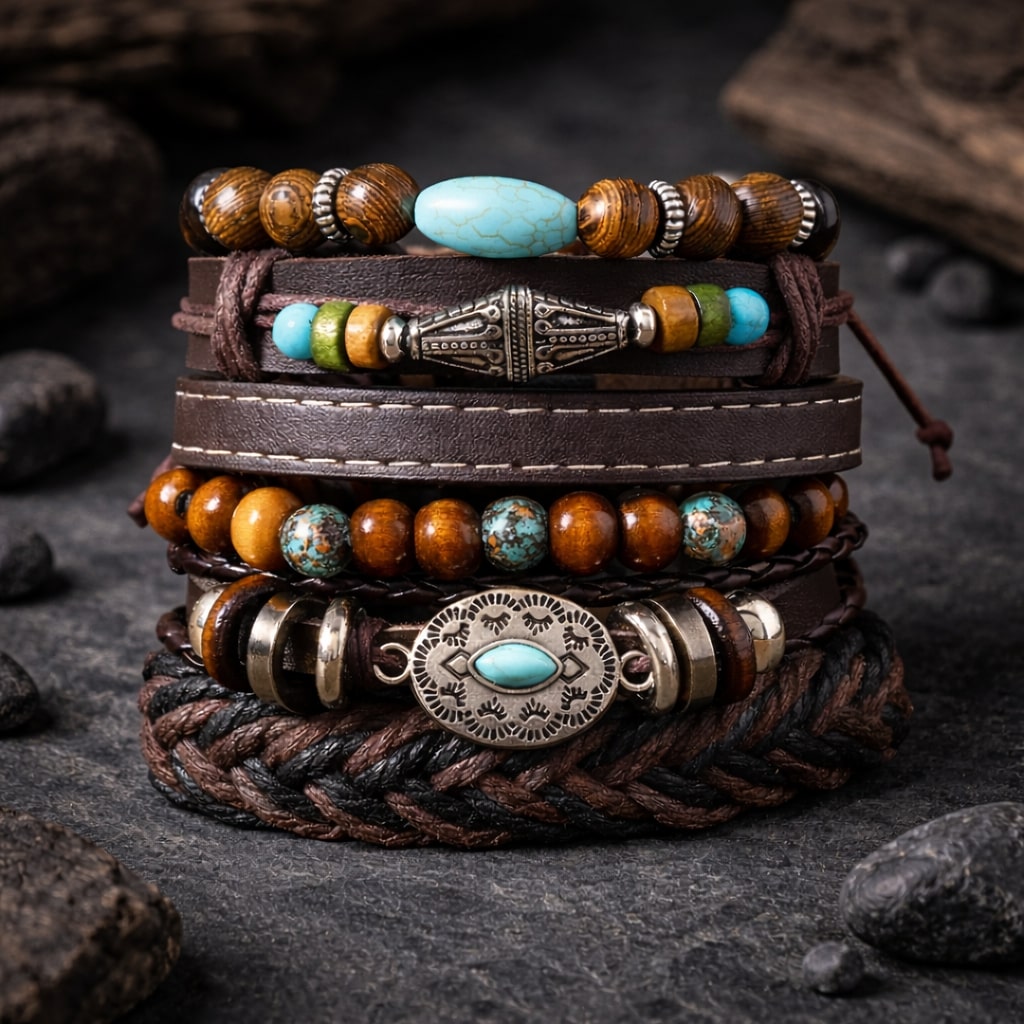 Turquoise Antique Multi-Layer Stacked Bracelet for Men-Set of 6
