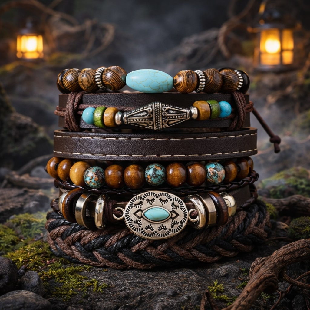 Turquoise Antique Multi-Layer Stacked Bracelet for Men-Set of 6