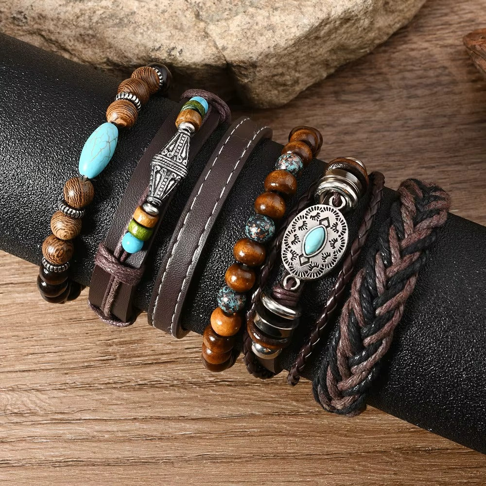 Turquoise Antique Multi-Layer Stacked Bracelet for Men-Set of 6