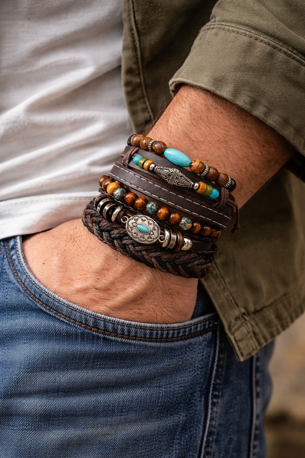Turquoise Antique Multi-Layer Stacked Bracelet for Men-Set of 6