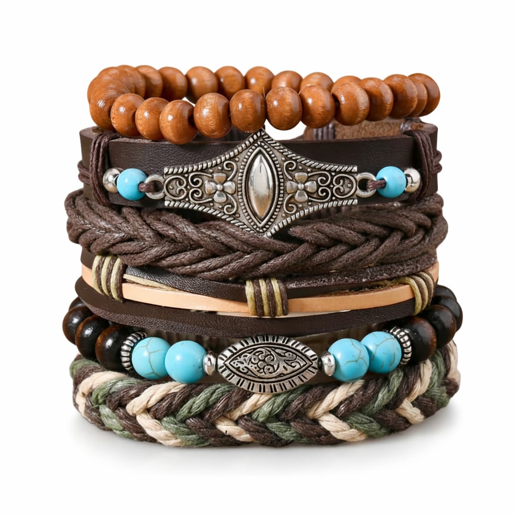 Brown Feather Head- Eye Design Multi-Layer Leather Bracelet for Men Set of 6