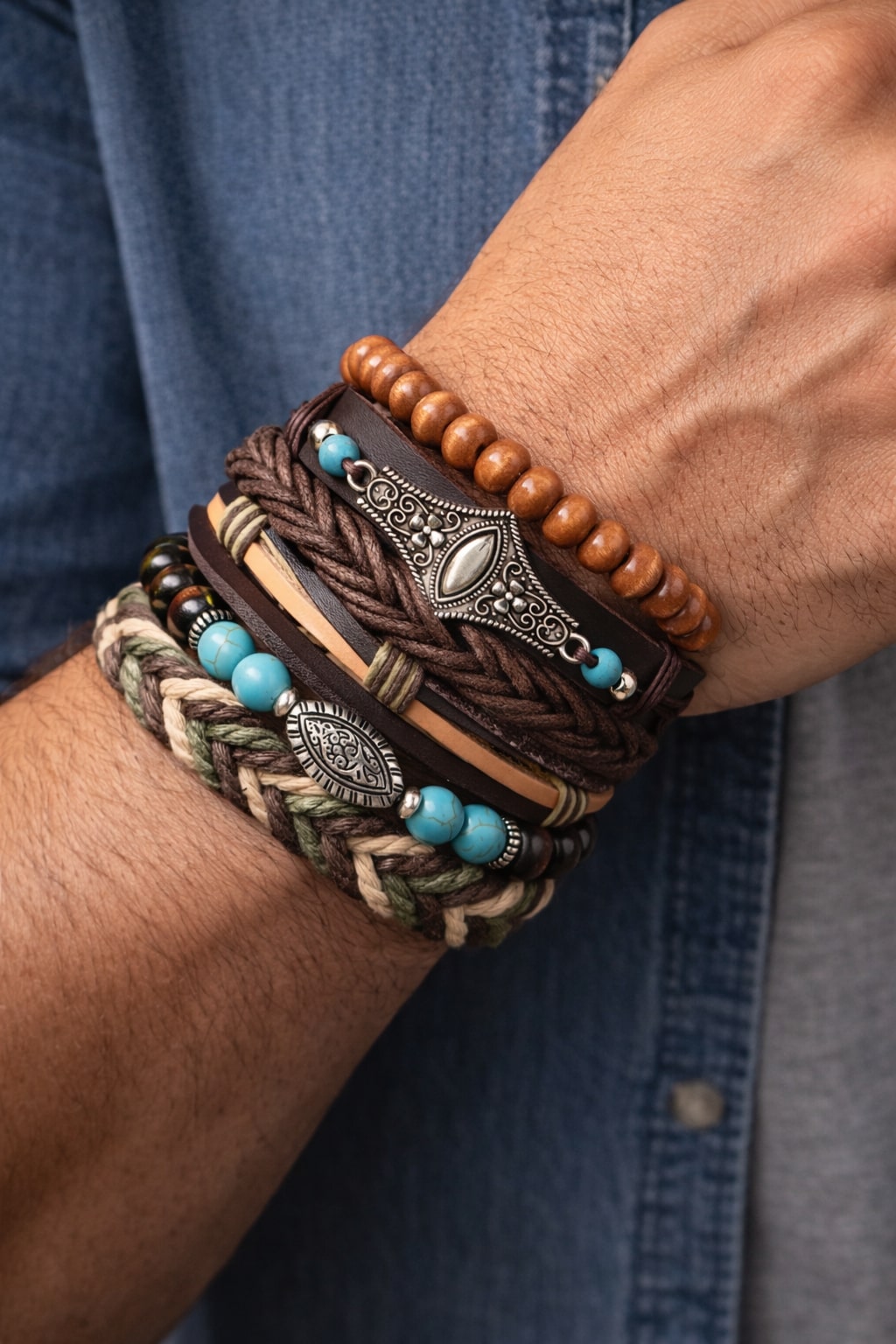 Brown Feather Head- Eye Design Multi-Layer Leather Bracelet for Men Set of 6