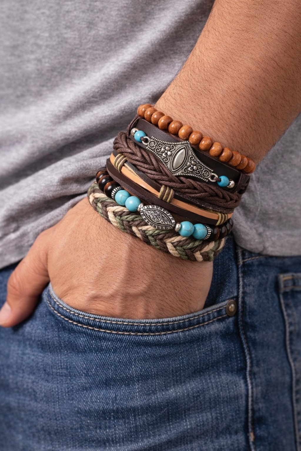 Brown Feather Head- Eye Design Multi-Layer Leather Bracelet for Men Set of 6