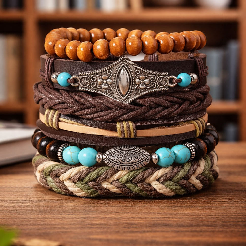 Brown Feather Head- Eye Design Multi-Layer Leather Bracelet for Men Set of 6