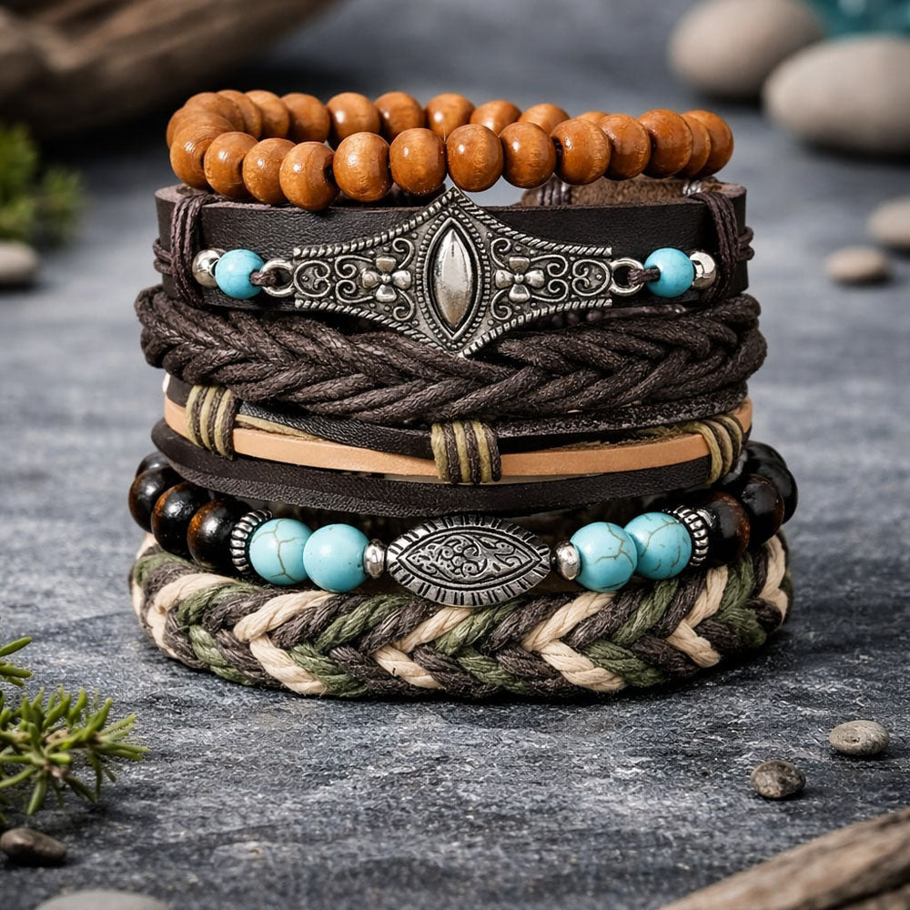 Brown Feather Head- Eye Design Multi-Layer Leather Bracelet for Men Set of 6