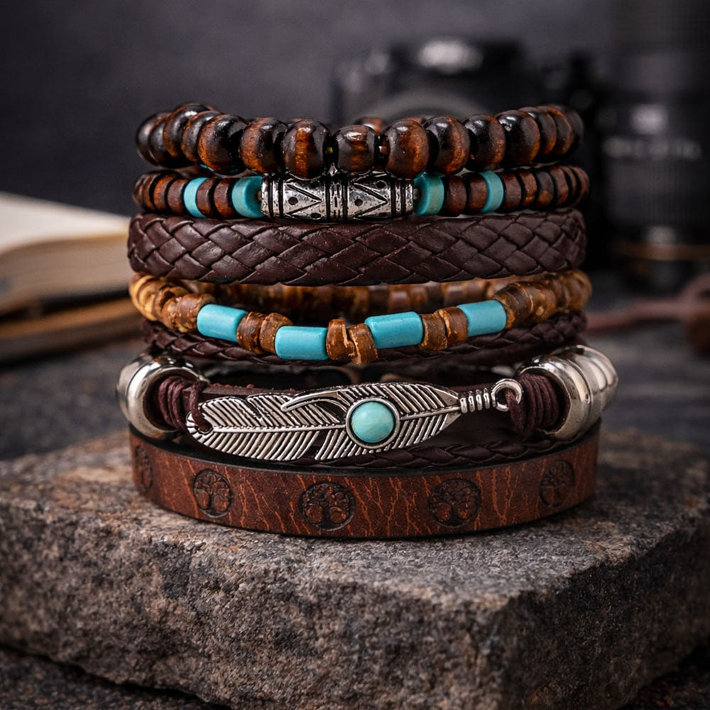 Brown Feather Beaded Multi-Layer Leather Bracelet for Men-Set of 6