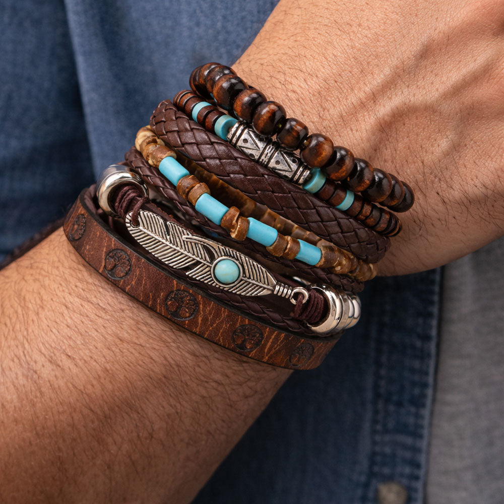 Brown Feather Beaded Multi-Layer Leather Bracelet for Men-Set of 6