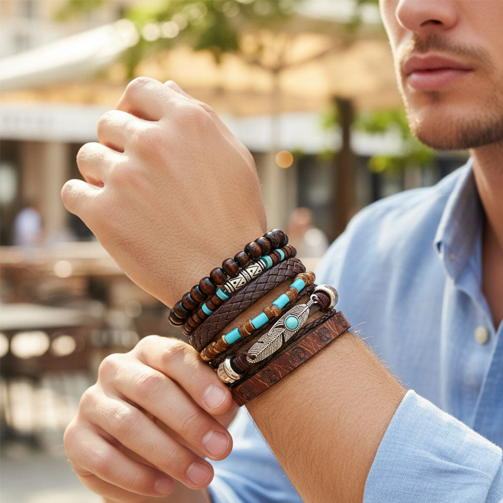 Brown Feather Beaded Multi-Layer Leather Bracelet for Men-Set of 6