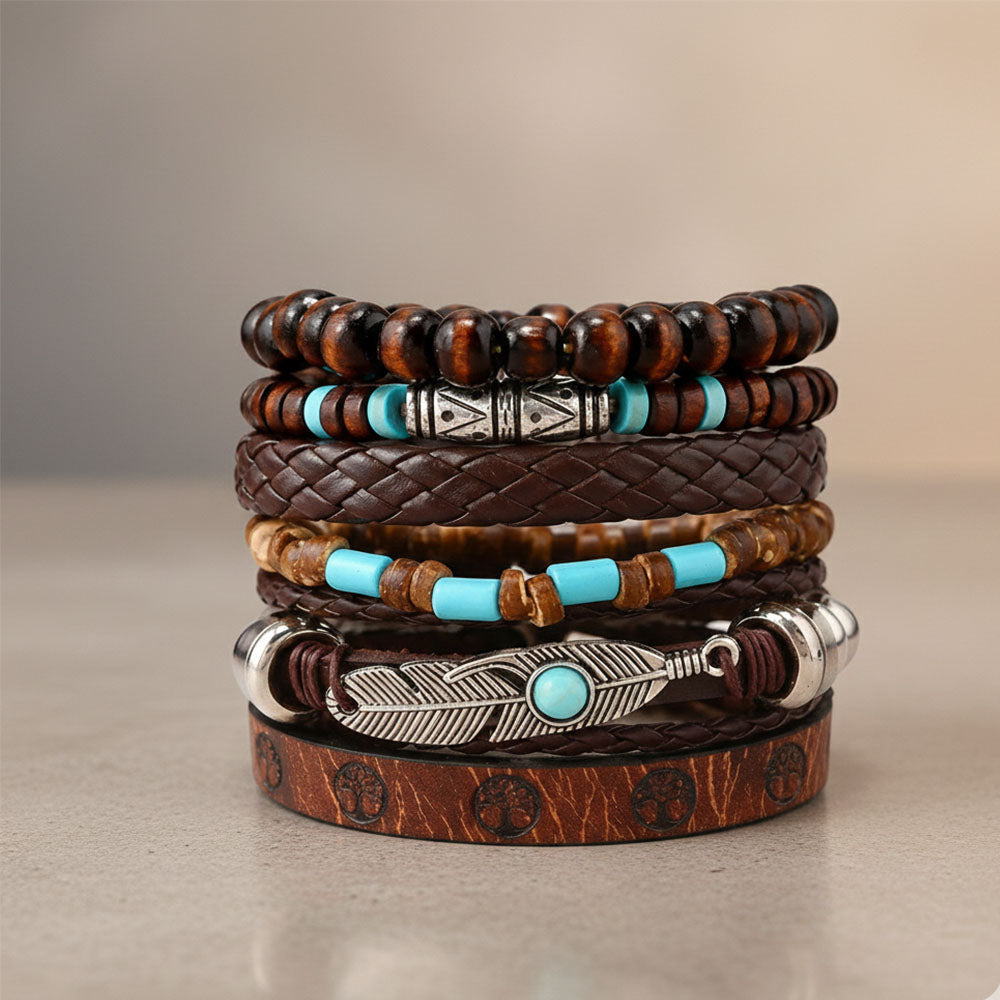 Brown Feather Beaded Multi-Layer Leather Bracelet for Men-Set of 6