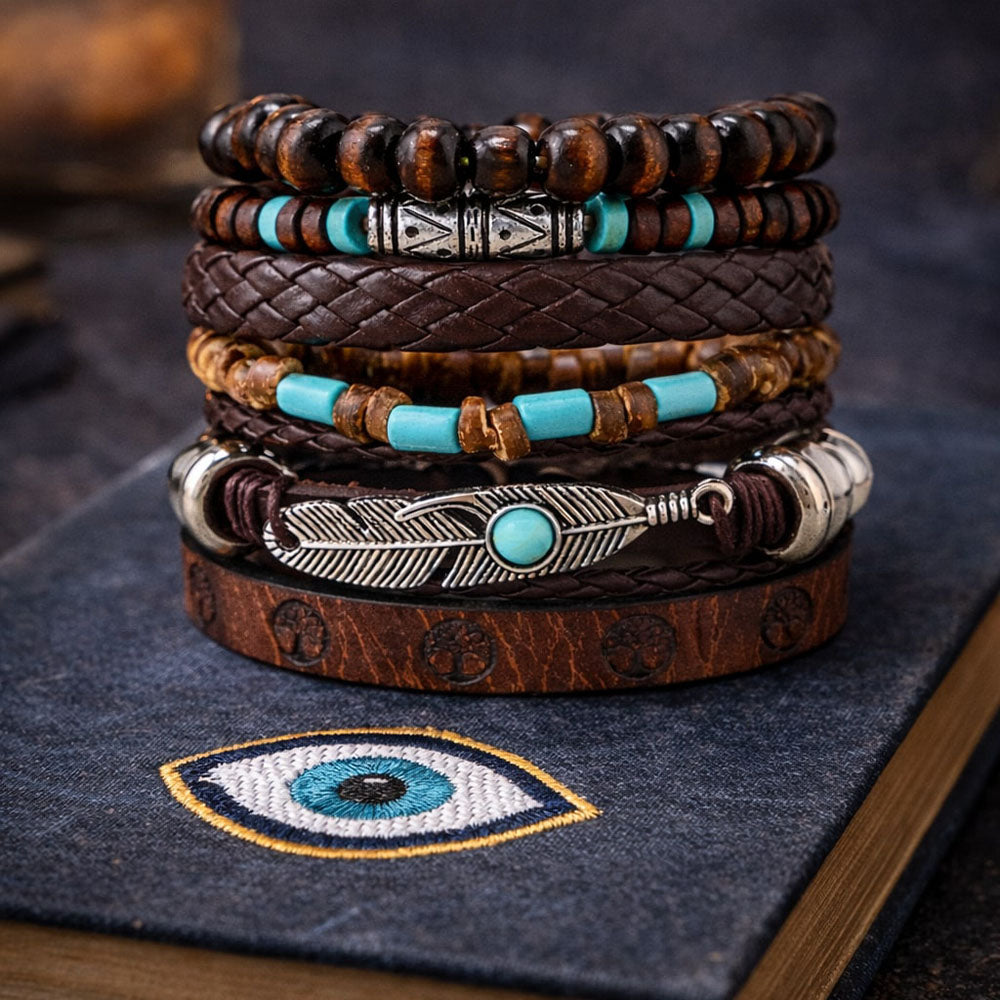 Brown Feather Beaded Multi-Layer Leather Bracelet for Men-Set of 6