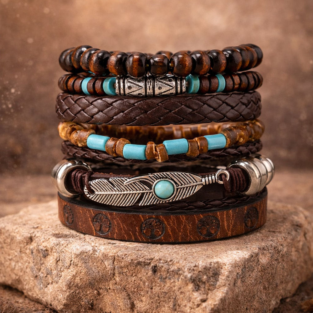 Brown Feather Beaded Multi-Layer Leather Bracelet for Men-Set of 6