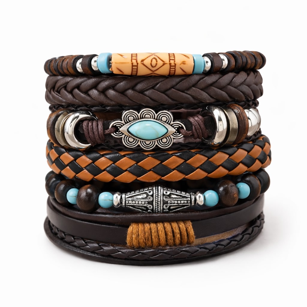Beaded Braided Multi-Layer Leather Bracelet for Men Set of 6
