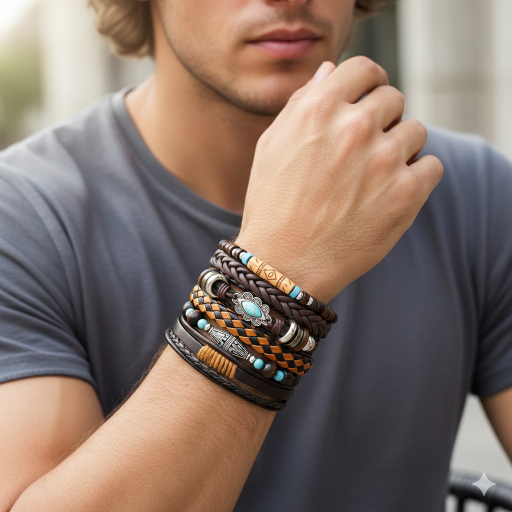 Beaded Braided Multi-Layer Leather Bracelet for Men Set of 6