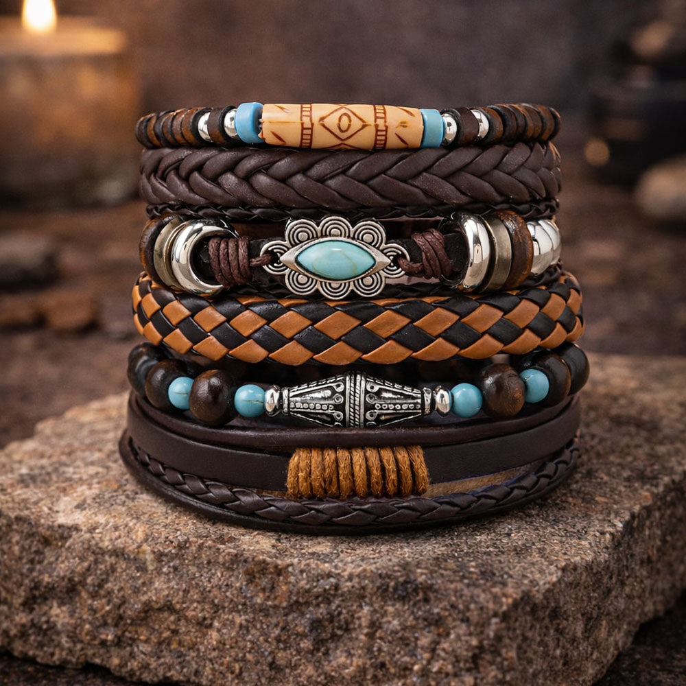 Beaded Braided Multi-Layer Leather Bracelet for Men Set of 6
