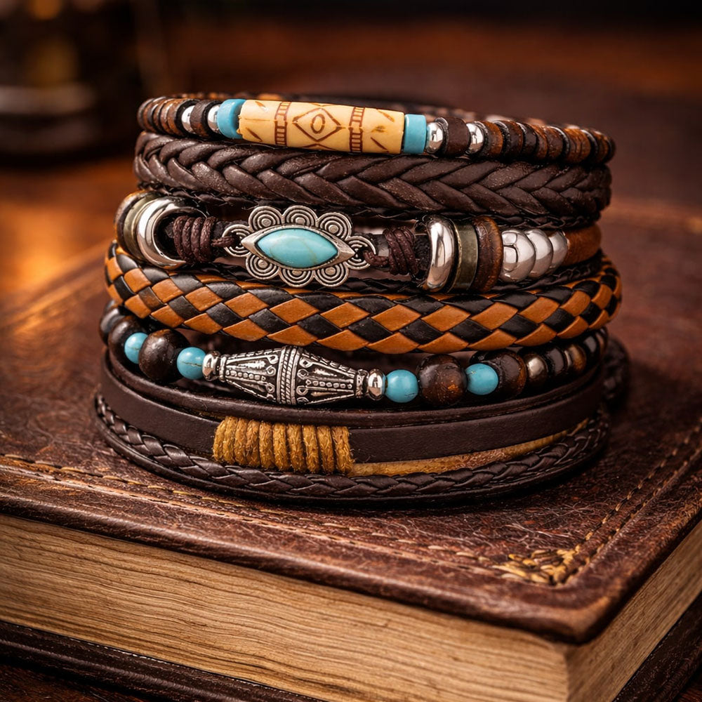 Beaded Braided Multi-Layer Leather Bracelet for Men Set of 6