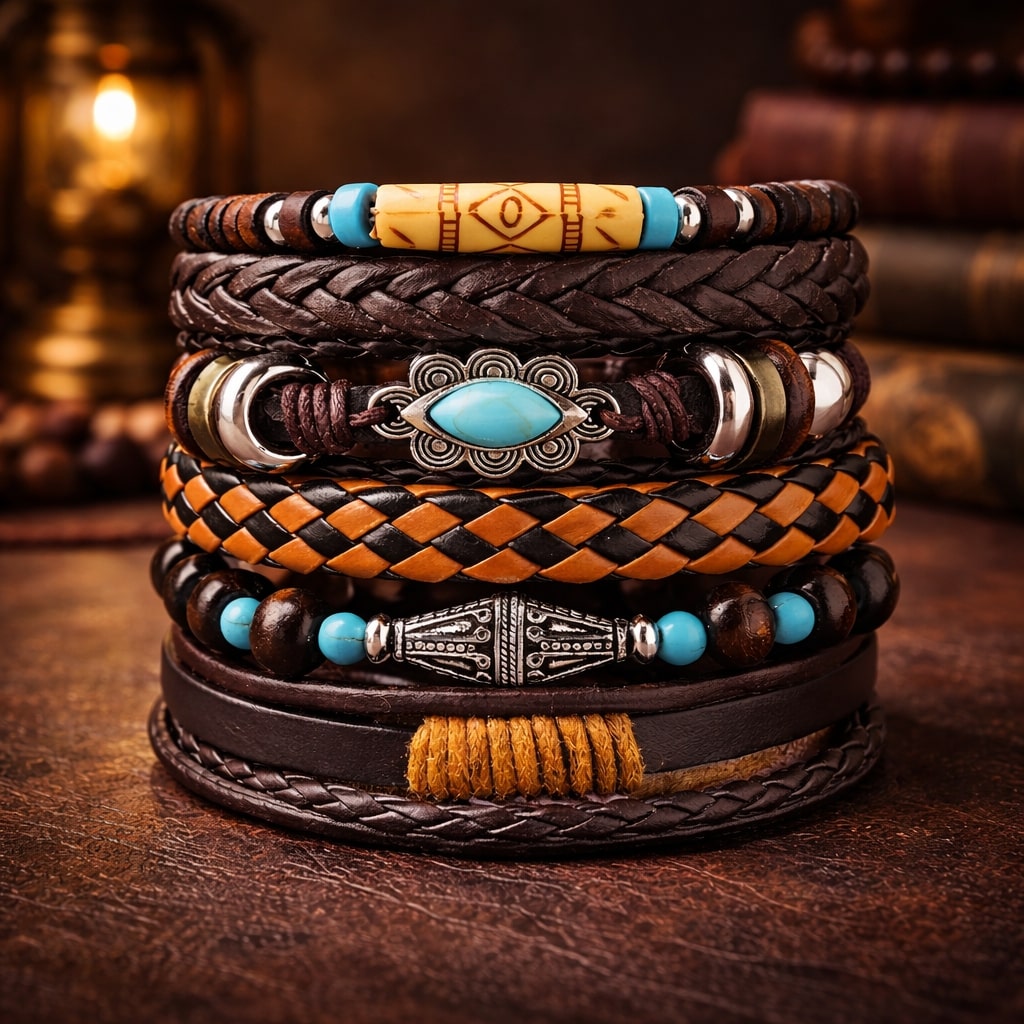 Beaded Braided Multi-Layer Leather Bracelet for Men Set of 6