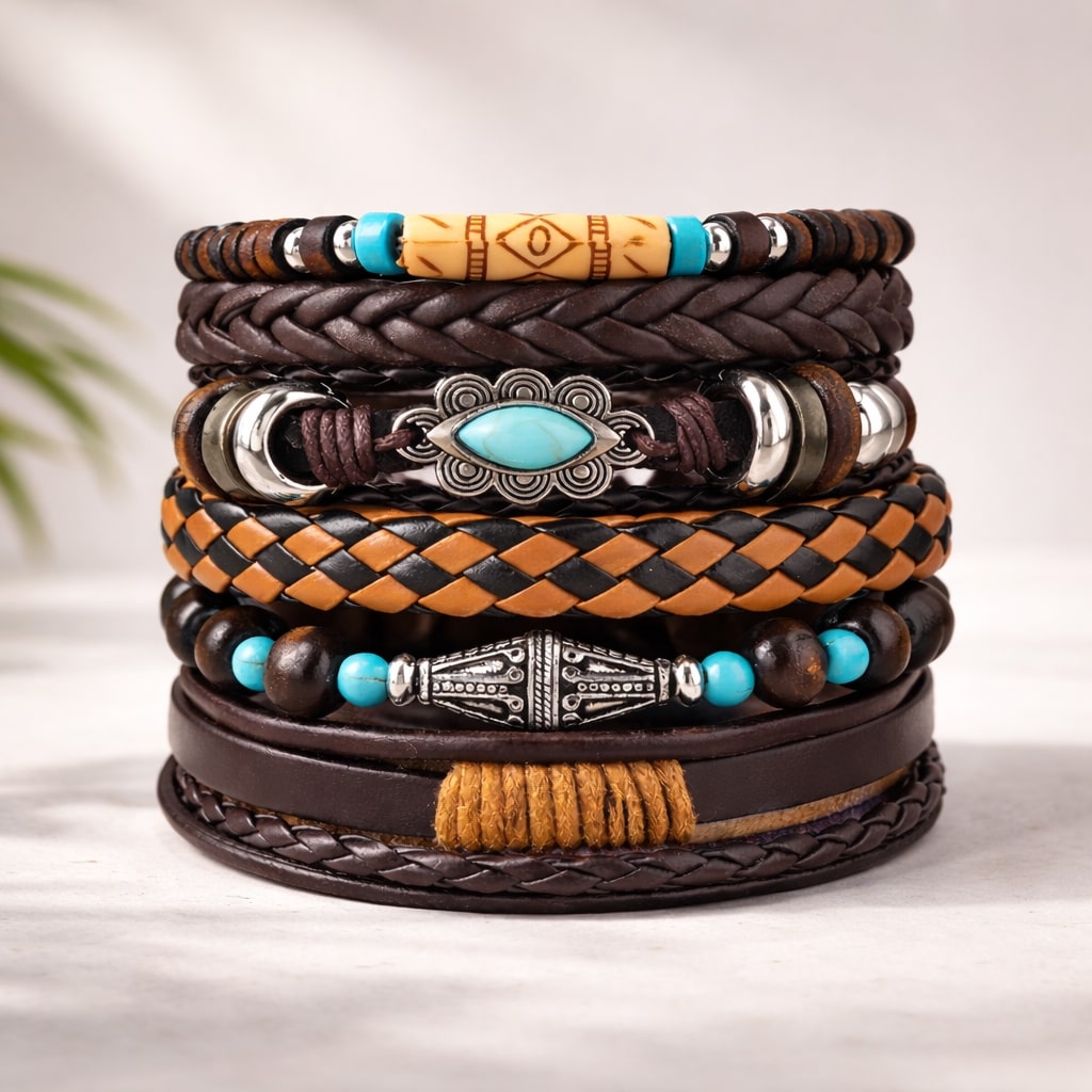 Beaded Braided Multi-Layer Leather Bracelet for Men Set of 6