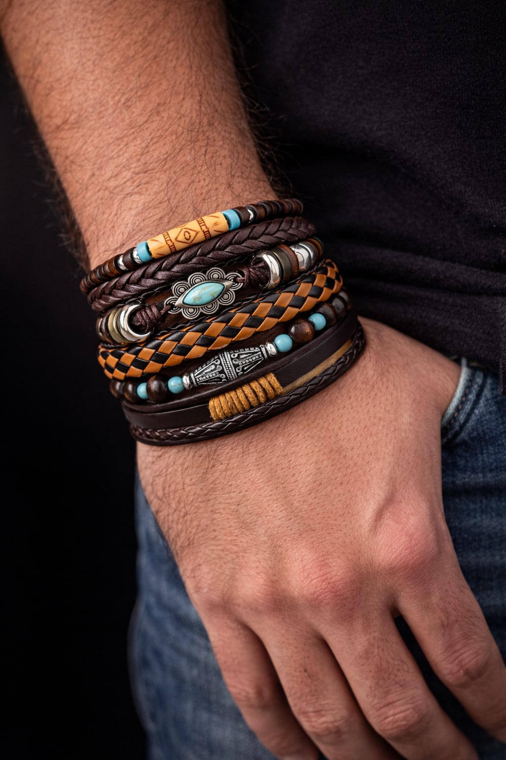 Beaded Braided Multi-Layer Leather Bracelet for Men Set of 6