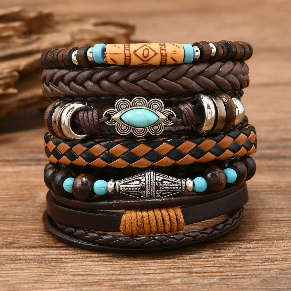 Beaded Braided Multi-Layer Leather Bracelet for Men Set of 6