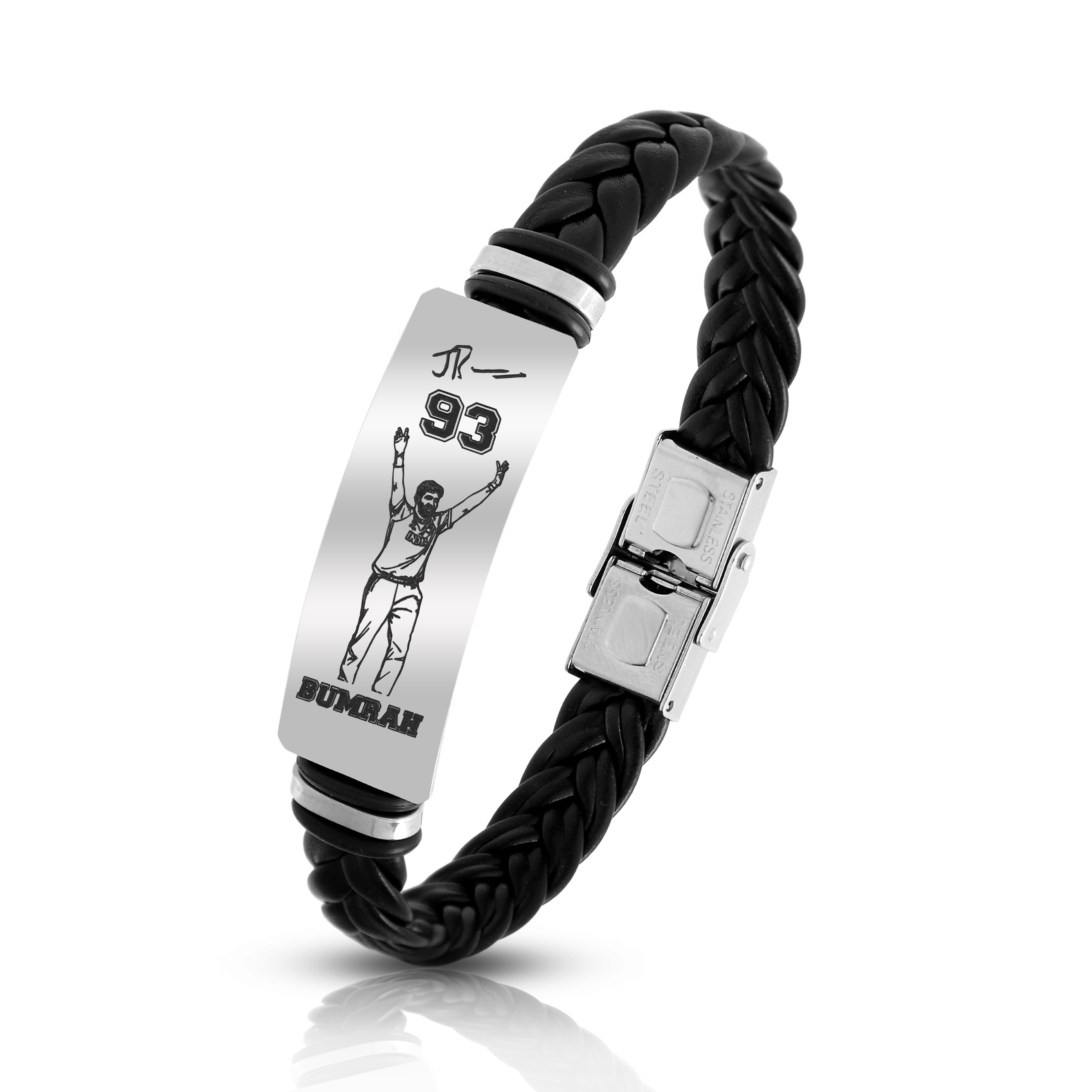 Jasprit Bumrah 93 Signature Bracelet for Men | Premium Braided Leather & Stainless Steel Cricket Fan Bracelet | Sports Inspired Wristband Gift