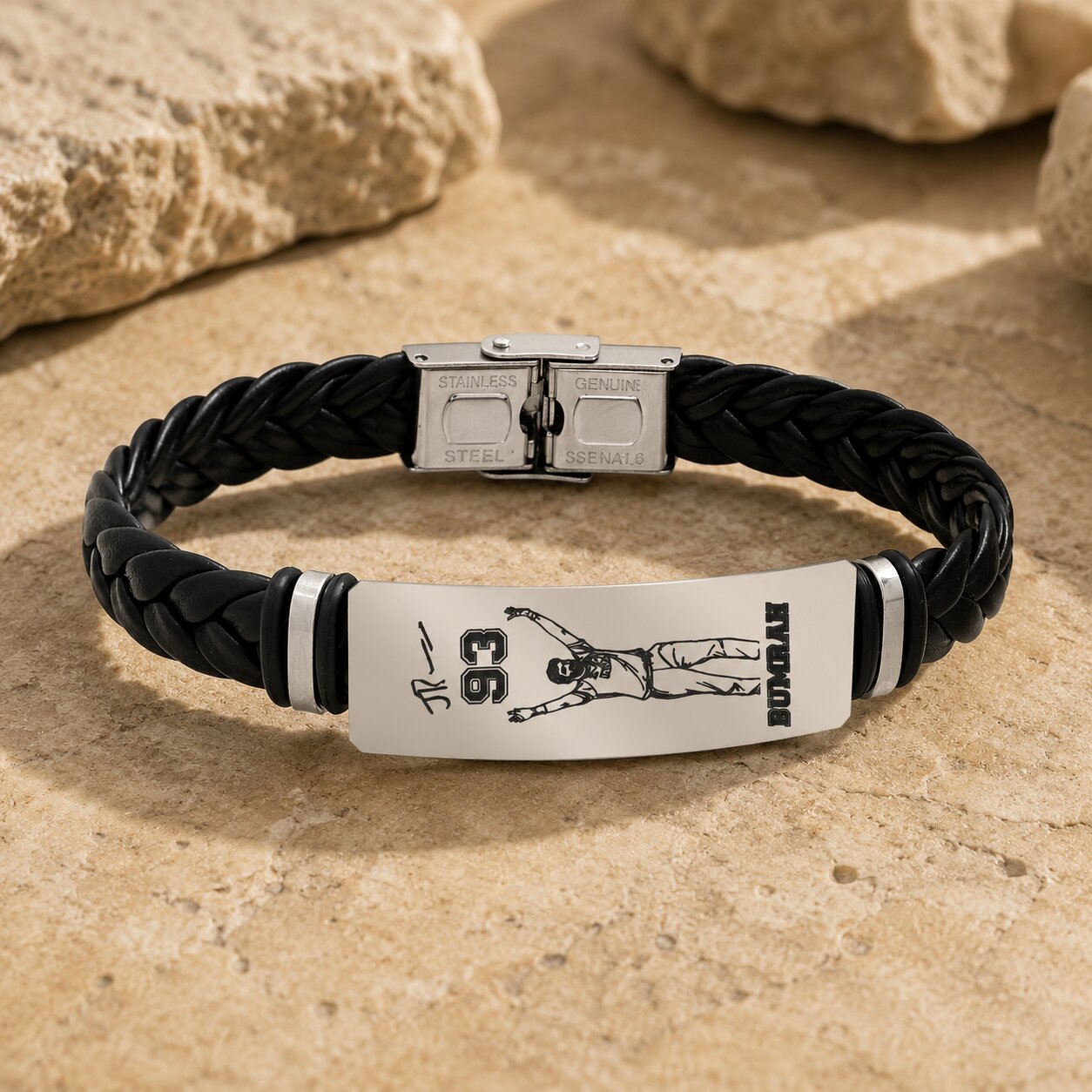 Jasprit Bumrah 93 Signature Bracelet for Men | Premium Braided Leather & Stainless Steel Cricket Fan Bracelet | Sports Inspired Wristband Gift