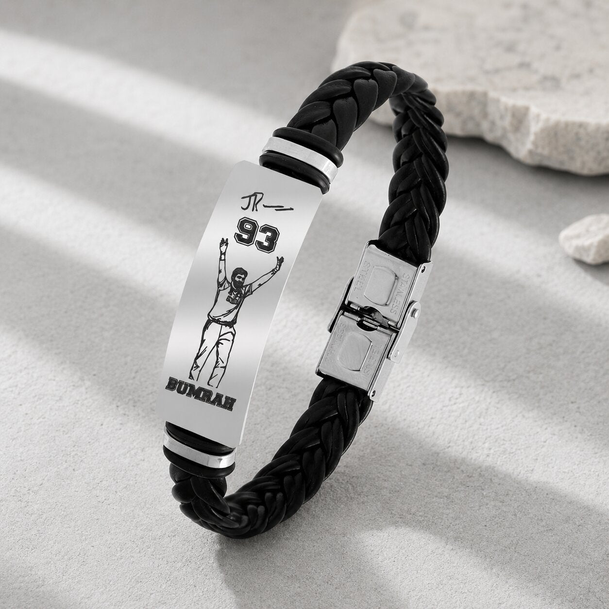 Jasprit Bumrah 93 Signature Bracelet for Men | Premium Braided Leather & Stainless Steel Cricket Fan Bracelet | Sports Inspired Wristband Gift