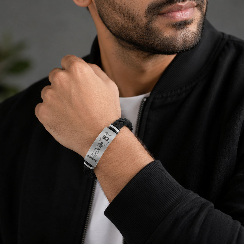 Jasprit Bumrah 93 Signature Bracelet for Men | Premium Braided Leather & Stainless Steel Cricket Fan Bracelet | Sports Inspired Wristband Gift