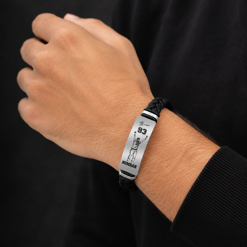 Jasprit Bumrah 93 Signature Bracelet for Men | Premium Braided Leather & Stainless Steel Cricket Fan Bracelet | Sports Inspired Wristband Gift