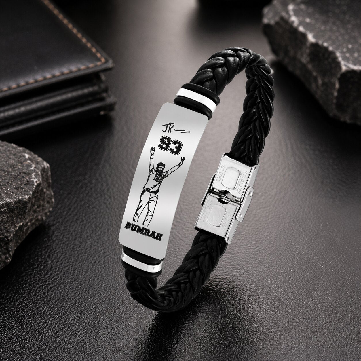 Jasprit Bumrah 93 Signature Bracelet for Men | Premium Braided Leather & Stainless Steel Cricket Fan Bracelet | Sports Inspired Wristband Gift