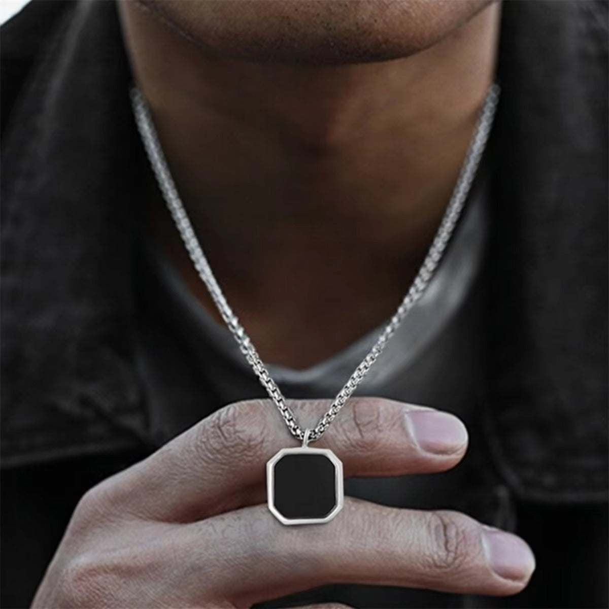 Silver-Plated Black Square Pendant Twist Chain Necklace for Men
