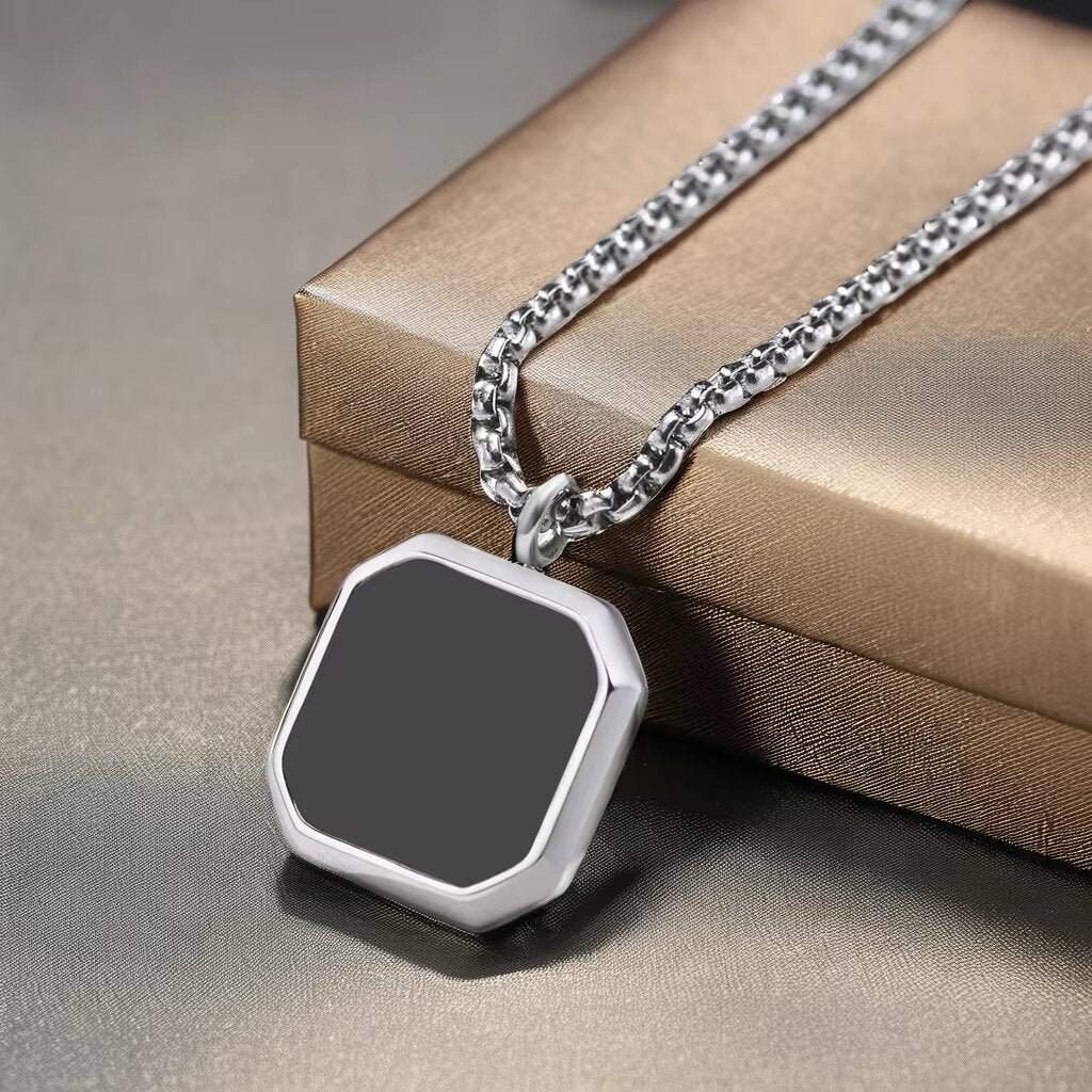 Silver-Plated Black Square Pendant Twist Chain Necklace for Men
