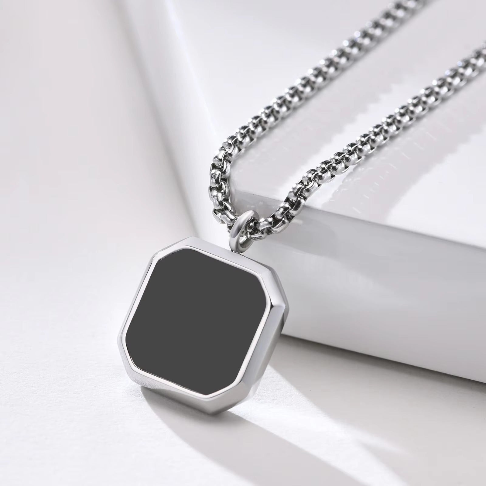 Silver-Plated Black Square Pendant Twist Chain Necklace for Men