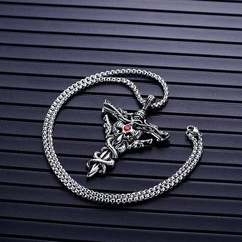 Oxidised Silver Double Dragon Sword Cross Pendant Necklace for Men