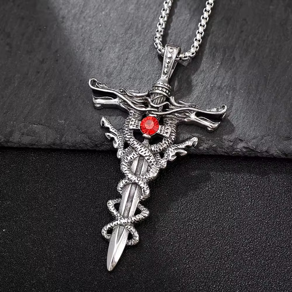 Oxidised Silver Double Dragon Sword Cross Pendant Necklace for Men