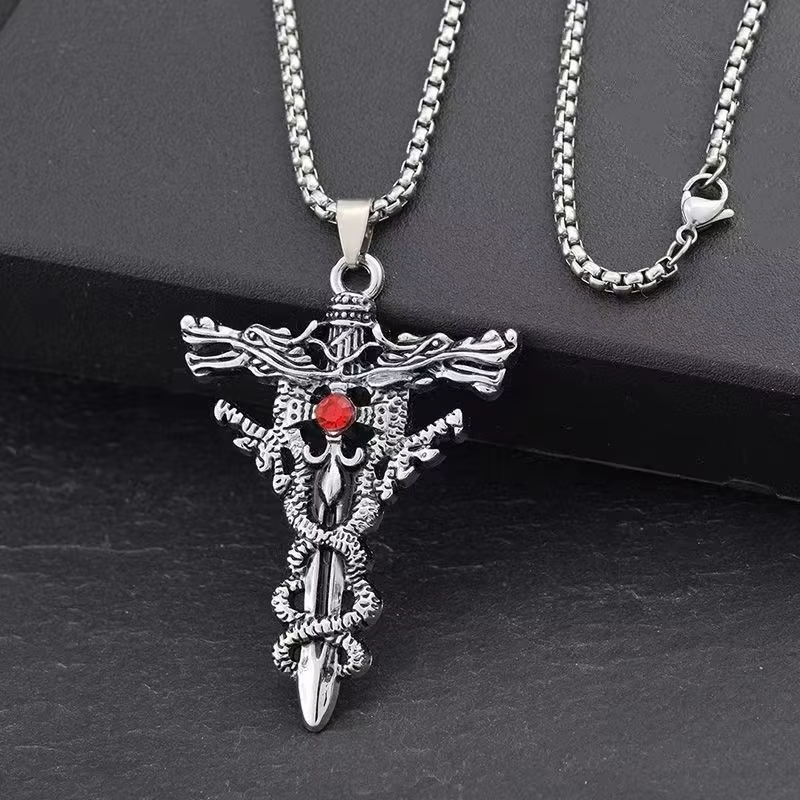 Oxidised Silver Double Dragon Sword Cross Pendant Necklace for Men