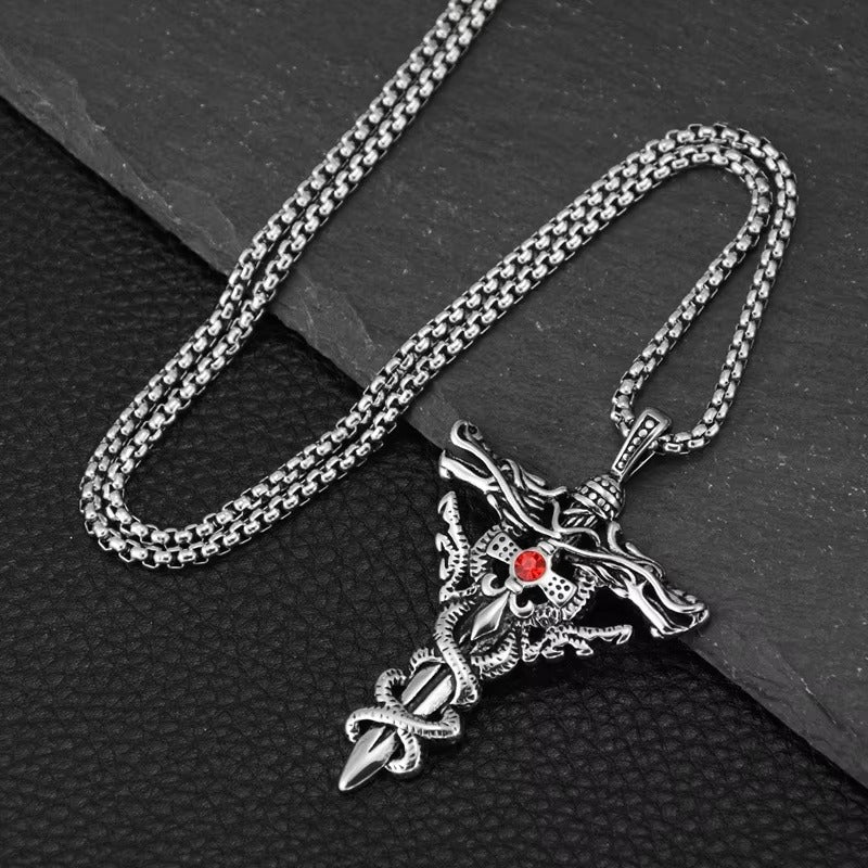 Oxidised Silver Double Dragon Sword Cross Pendant Necklace for Men