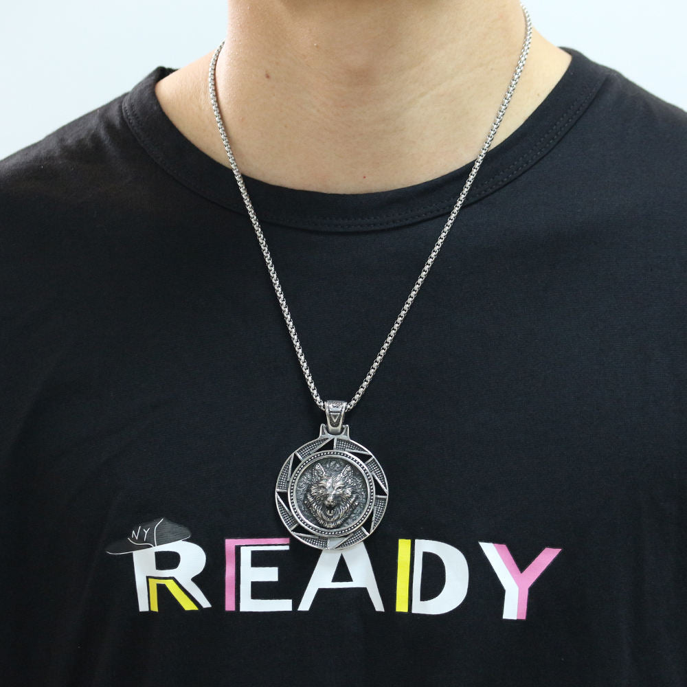 Stainless Steel Wolf Head Pendant Chain Necklace for Men