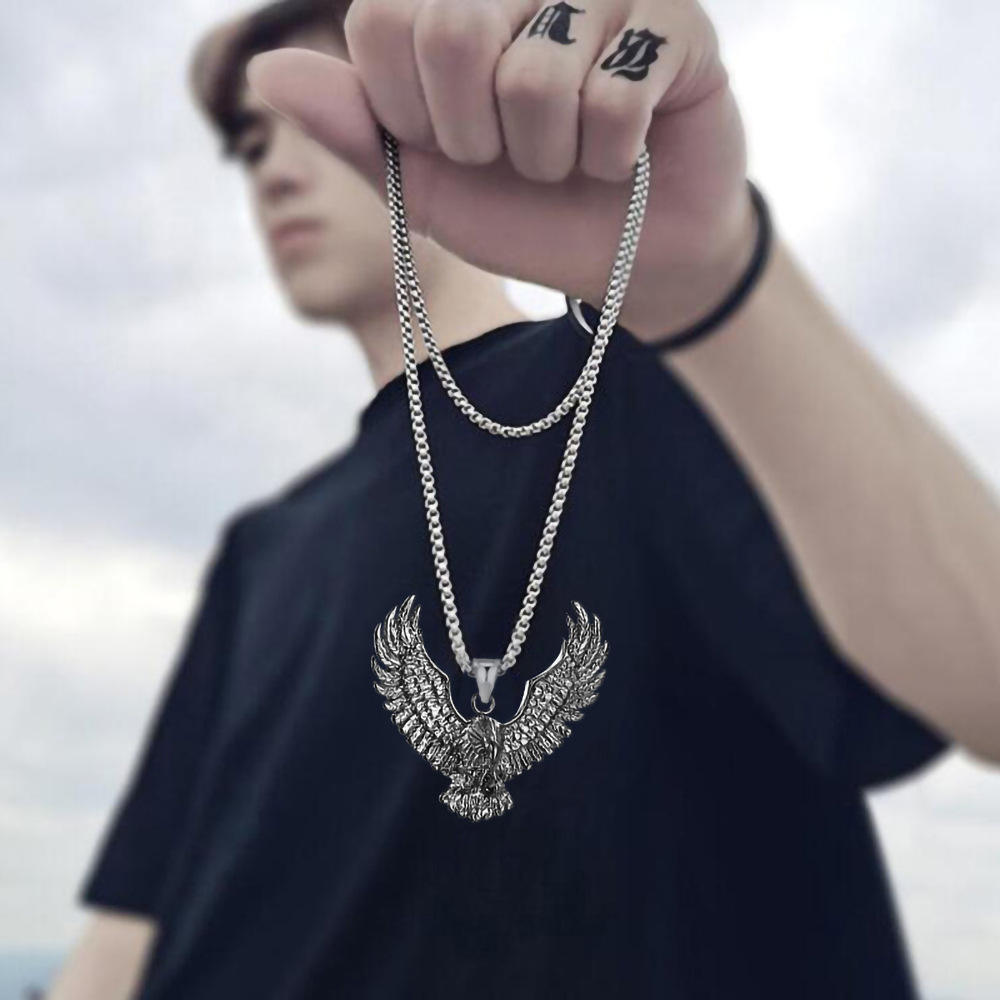 Oxidised Silver Eagle Pendant Chain Necklace for Men/Boy's