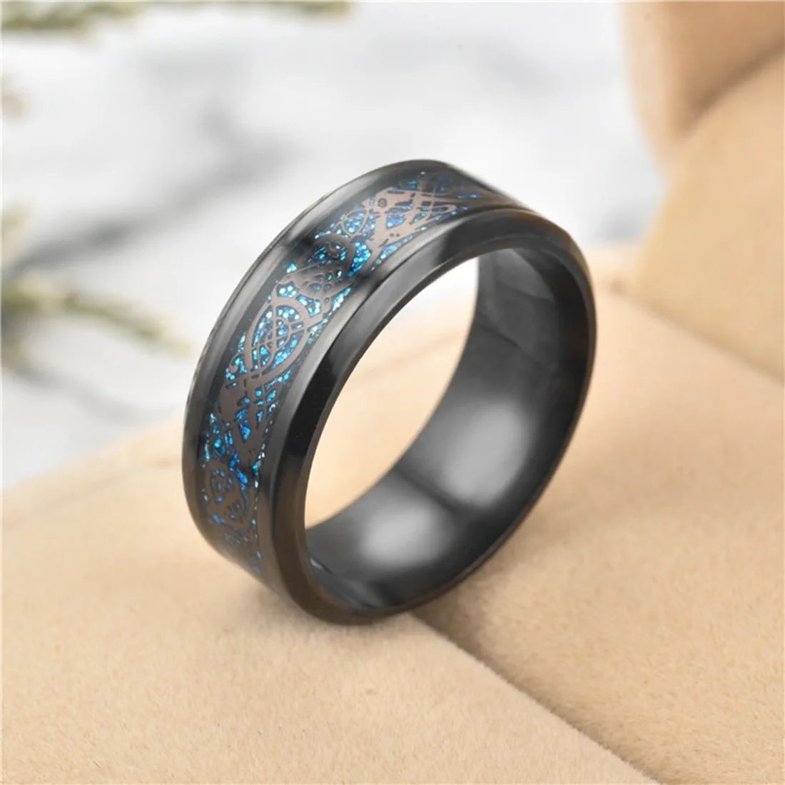 Men's Black Metal Dragon Blue Crystal Ring image 0