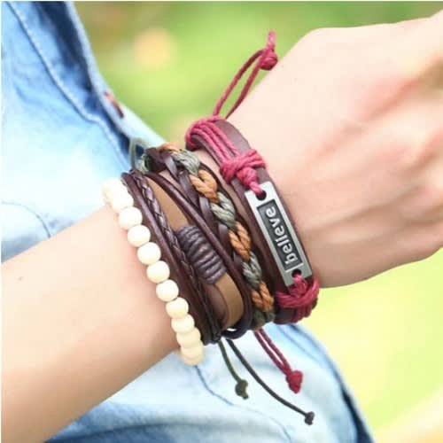 4 Piece Multi-Layered & Multi-Coloured Mattel, Beads, Leather Believe Bracelet image 1