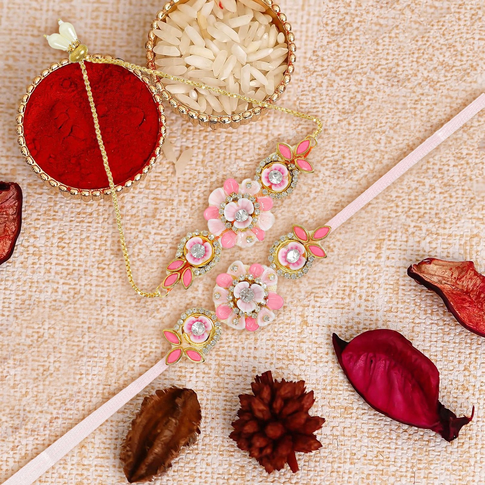 2 PCs Bhaiya Bhabhi Couple Kundan Zari Pearl Design Rakhi image 1