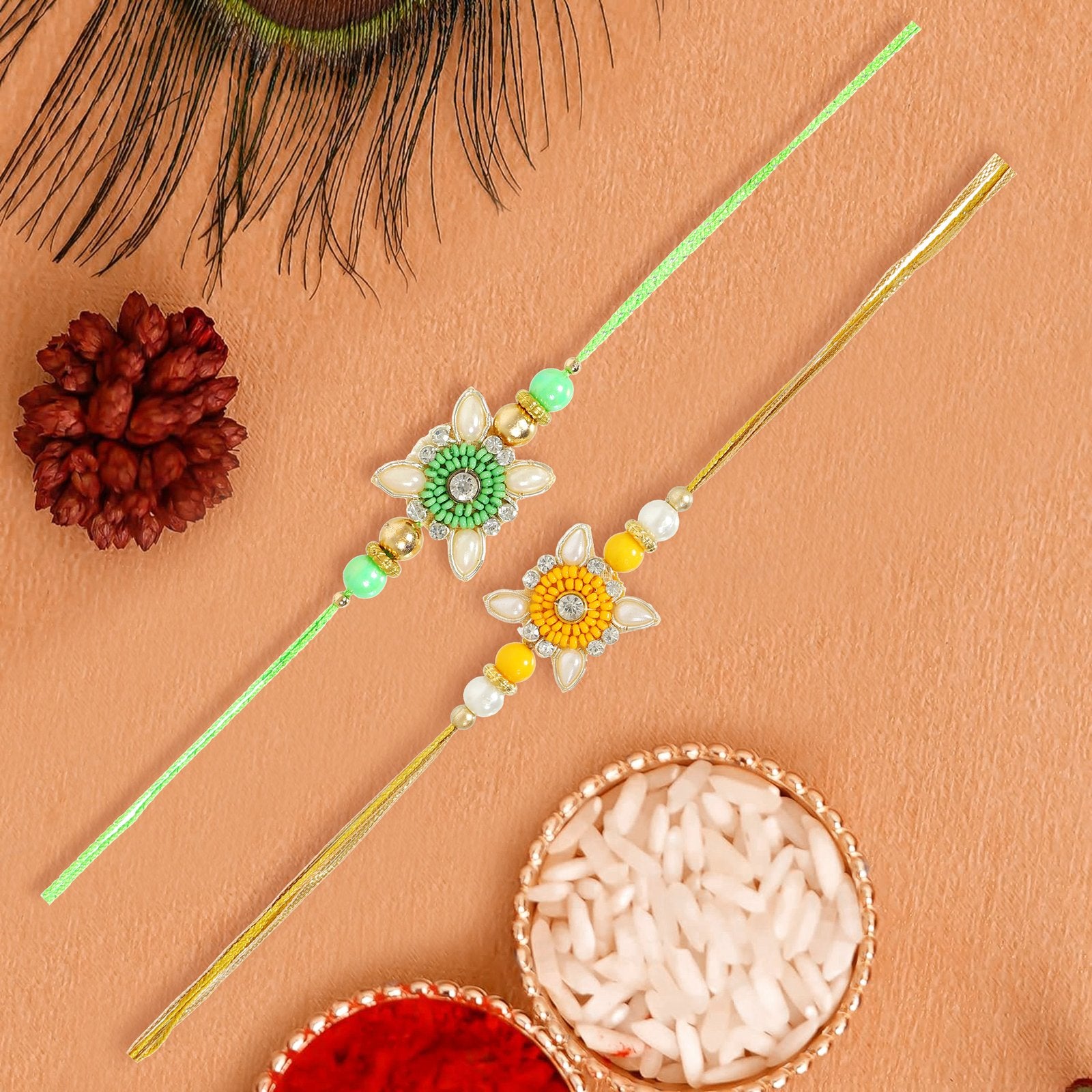 Set of 2 Pearl Bedaed Floral Combo Rakhi Set For Brother image 1