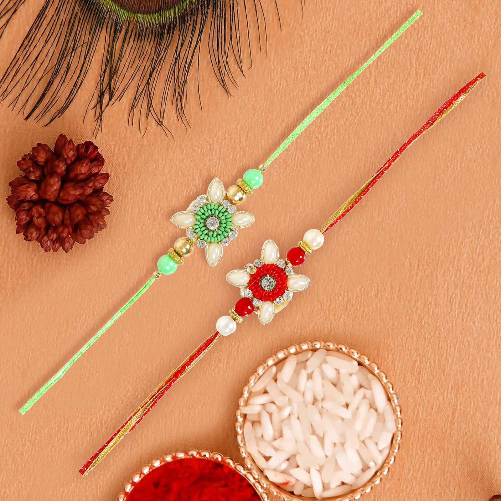 Set of 2 Pearl Bedaed Floral Combo Rakhi Set For Brother image 1