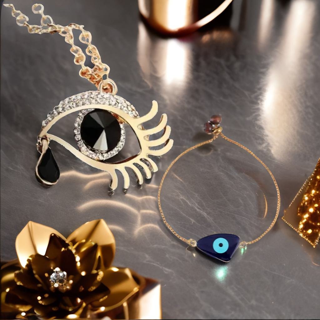 Valentine's Day Jewelry Gift Set Angel Black Eye Pendant Chain Necklace with Evil Eye Bracelet image 0