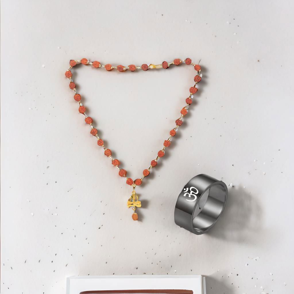 Men's Gold-Plated Rudraksh Trishul Pendant Necklace & OM Black Ring Combo Set image 1